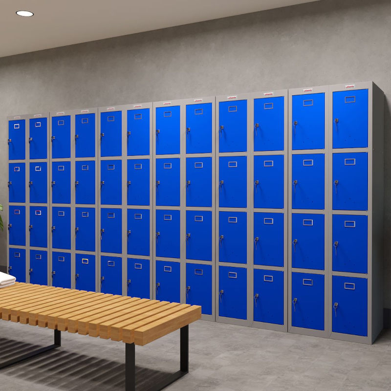Phoenix PL Series PL1430GBK 1 Column 4 Door Personal Locker Grey Body/Blue Doors in changing room