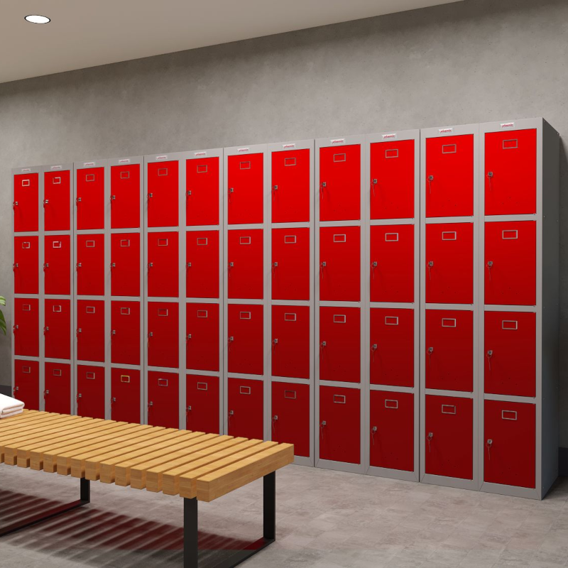 Phoenix PL Series PL1430GRK 1 Column 4 Door Personal Locker Grey Body/Red Doors in changing room