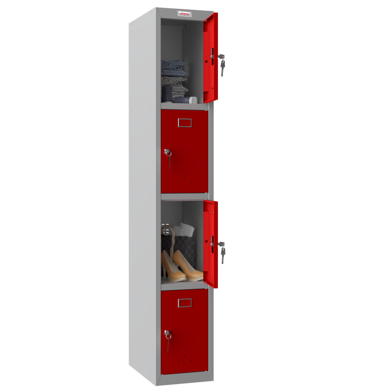 Phoenix PL Series PL1430GRK 1 Column 4 Door Personal Locker Grey Body/Red Doors_open