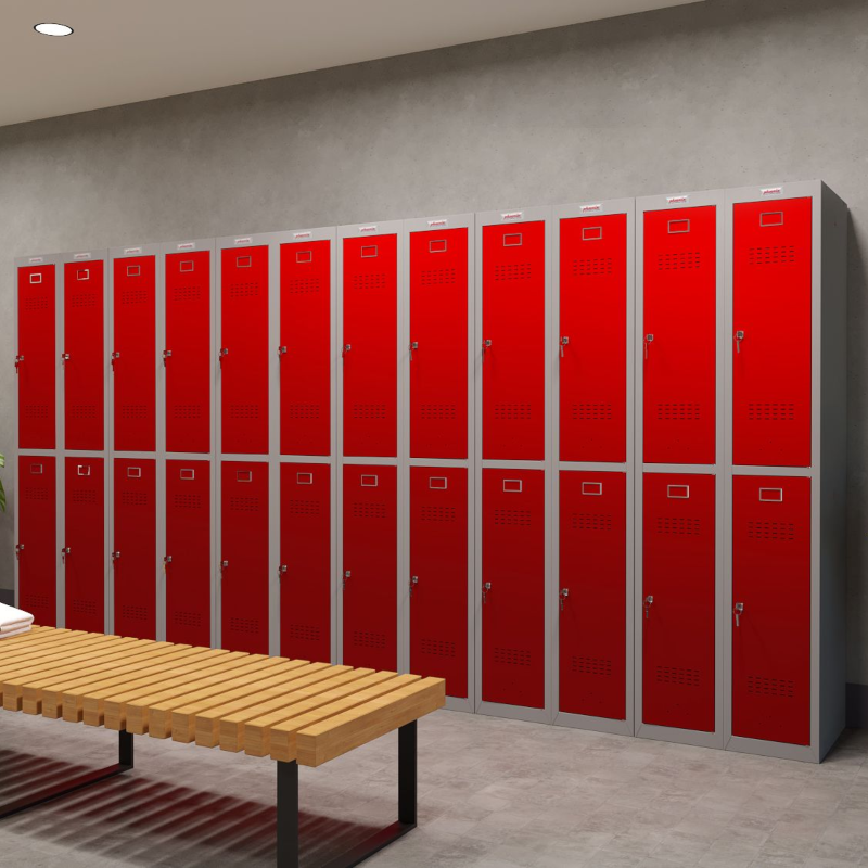 Phoenix PL Series PL2260GRK 2 Column 4 Door Personal Locker Combo Grey Body/Red Doors in changing room