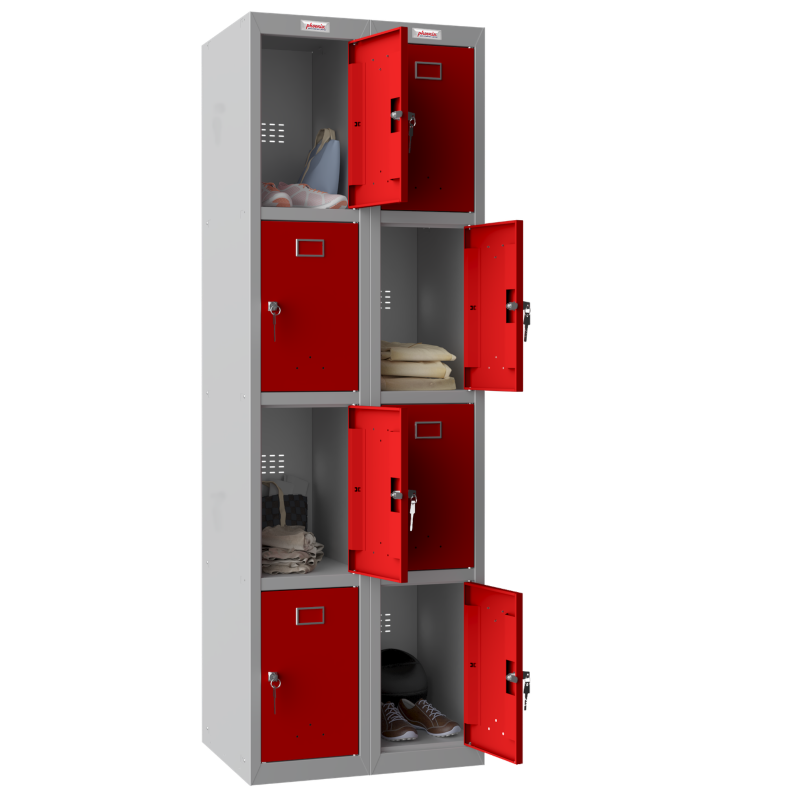 Phoenix PL Series PL2460GRK 2 Column 8 Door Personal Locker Combo Grey Body/Red Doors_open