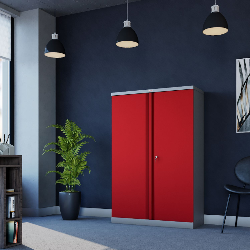 Phoenix SCL Series SCL1491GRK 2 Door 3 Shelf Steel Storage Cupboard Grey Body & Red Doors in Office